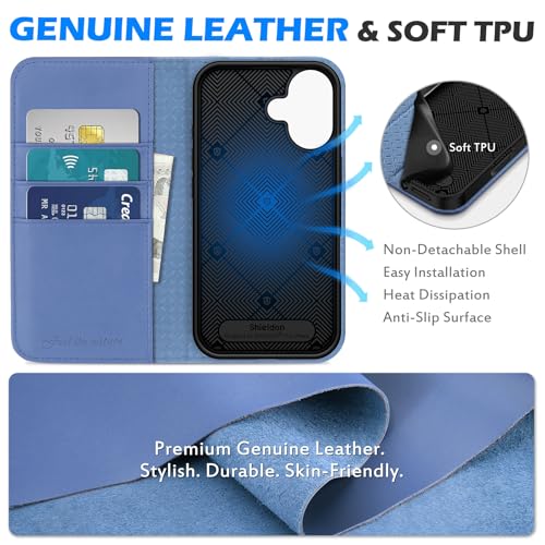 SHIELDON Genuine Leather Flip Wallet Case for iPhone 16, Wisteria Purple | Magnetic Closure, RFID Blocking, Credit Card Holder, Viewing Stand, Foldable Design, Shockproof Protective Cover - color: Wisteria Purple