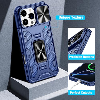 VEGO for iPhone 16 Pro Max Case with Belt Clip Holster and Kickstand Blue | Slide Camera Lens Protector & Ring Kickstand Military Grade Heavy Duty Protection Cover for iPhone 16 ProMax - Blue - color: Blue
