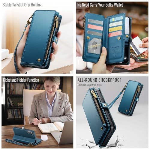 Defencase for Samsung Galaxy S25+/Plus Wallet Case with Card Holder, D-Blue | with RFID Blocking Zipper Pocket, Durable PU Leather, Wrist Strap, S25 Plus Flip Phone Cases Cover with Stand for Women Men - color: Dark Blue