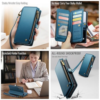 Defencase for Samsung Galaxy S25+/Plus Wallet Case with Card Holder, D-Blue | with RFID Blocking Zipper Pocket, Durable PU Leather, Wrist Strap, S25 Plus Flip Phone Cases Cover with Stand for Women Men - color: Dark Blue