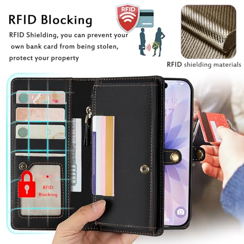 for Wallet Case Compatible with iPhone 17,Multi-Function Detachable 2 in 1 Magnetic iPhone 17 Case Wallet,Flip Strap Zipper Card Holder Phone Case with Shoulder Straps (Black) - color: Black, size: iPhone 17