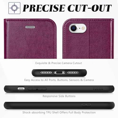 TUCCH Wallet Case for iPhone SE 2022/SE 2020/iPhone 8/7 (4.7"), Plum Purple | 3 Card Holders, Kickstand, PU Leather, Shockproof TPU Shell, Magnetic Closure, Protective Folio Cover - color: Plum Purple