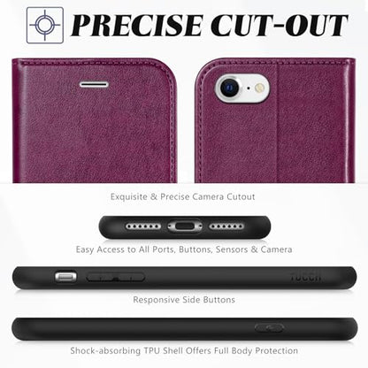TUCCH Wallet Case for iPhone SE 2022/SE 2020/iPhone 8/7 (4.7"), Plum Purple | 3 Card Holders, Kickstand, PU Leather, Shockproof TPU Shell, Magnetic Closure, Protective Folio Cover - color: Plum Purple