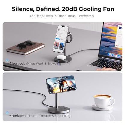 3-in-1 Wireless Charging Station, Qi2.2 25W Fast Charge with Cooling Fan (On/Off), for iPhone 17–12/Apple Watch/AirPods, Includes 45W Adapter – Great for Desk & Live Streaming