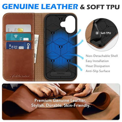 SHIELDON Genuine Leather Case Wallet for iPhone 17 6.3" 2025, Retro Brown | Flip Magnetic Cover, RFID Blocking, Credit Card Holder, Kickstand, Book Design, Shock-Absorbent Phone Cover - color: Retro Brown