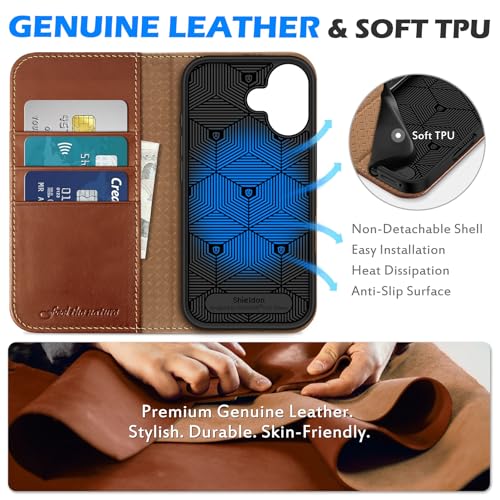 SHIELDON Genuine Leather Case Wallet for iPhone 17 6.3" 2025, Retro Brown | Flip Magnetic Cover, RFID Blocking, Credit Card Holder, Kickstand, Book Design, Shock-Absorbent Phone Cover - color: Retro Brown
