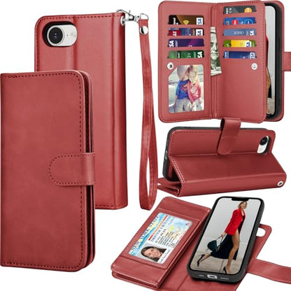 Tekcoo Wallet Case Compatible with iPhone 16E 2025 (6.1 inch) Luxury ID Cash Credit Card Slots Holder [Detachable Magnetic Hard Case] Carrying Pouch Folio Flip PU Leather Cover [Wine Red] - color: Wine Red, size: 16E 2025