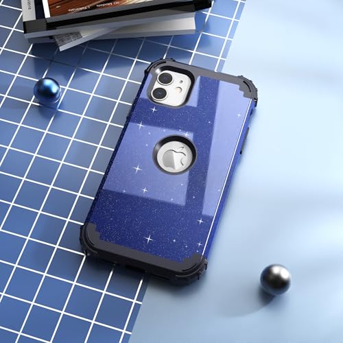 IDweel for iPhone 11 Case with Screen Protector for Men, Luxury Hybrid 3 in 1 Shockproof Slim Fit Heavy Duty Protection Hard PC Cover Soft Silicone Bumper Full Body Case,Glitter Blue Black - color: Glitter Blue Black