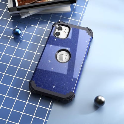 IDweel for iPhone 11 Case with Screen Protector for Men, Luxury Hybrid 3 in 1 Shockproof Slim Fit Heavy Duty Protection Hard PC Cover Soft Silicone Bumper Full Body Case,Glitter Blue Black - color: Glitter Blue Black