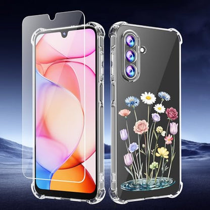 Phone Case for Samsung Galaxy A17 5G Case, Samsung A17 5G Case with Tempered Glass Screen Protector, Soft Flexible TPU Slim Fit Shockproof Phone Cover for Women Men Girl Boy (Clear-Flower) - color: Clear-Flower