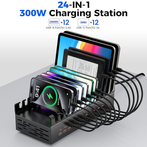 300W USB Charging Station for Multiple Devices, 24 Port USB C Fast Charging Station, Multi Device Charger Station Organizer Compatible with Tablet, Laptop, Cellphone, iPhone, iPad (300, Watts)