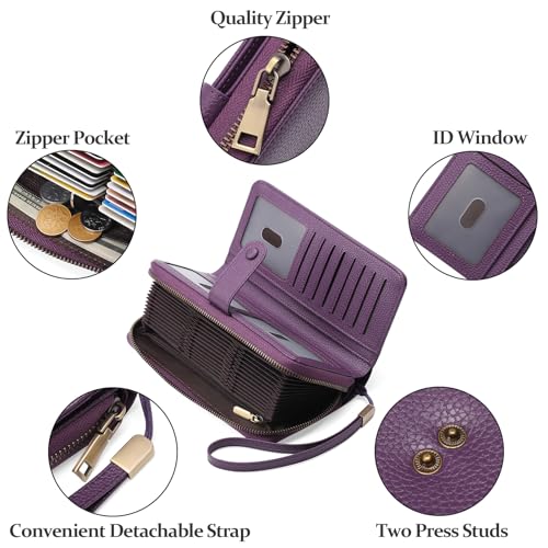 GAEKEAO Leather Credit Card Holder Wallet for Women RFID Blocking Large Capacity Bifold Zipper Card Case Organizer with Wristlet 45 Slots - color: Purple