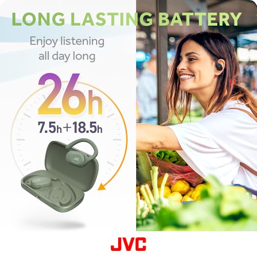 JVC nearphones Open Ear True Wireless Headphones with Pivot Motion Mecanism, 16mm Large Drivers Sound, Single Ear use, BT 5.4, Long Battery Life (up to 26 Hours) - HANP40TG (Green) - color: Green