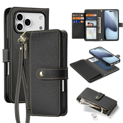 for iPhone 17 Pro Wallet Case, Detachable Magnetic Phone Case | Compatible with Magsafe, RFID Blocking, PU Leather Flip Folio Case, Wrist Strap Wallet Case, Zipper Coin Pocket - color: Black, size: iPhone 17 Pro