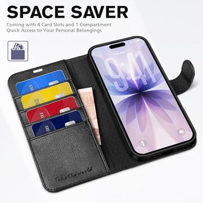 TUCCH Case Wallet for iPhone 17 (6.3"), RFID Blocking Folio, Textured Black | 4 Card Holders, Kickstand, PU Leather, Magnetic Closure, Shockproof TPU Shell, Protective Flip Cover - color: Textured Black