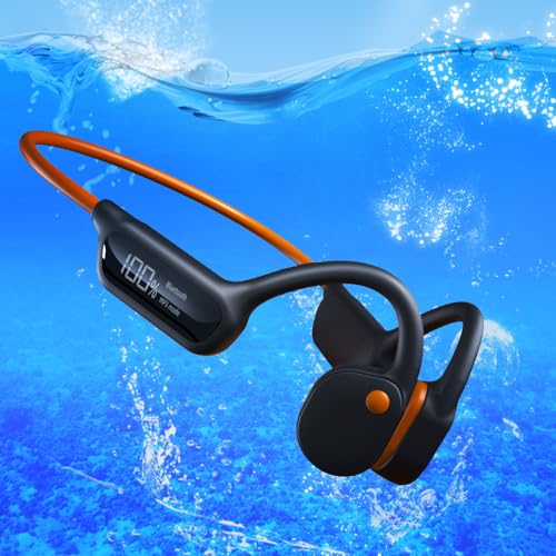 AYI True Bone Conduction Swimming Headphones with Bluetooth 5.4 & MP3 Player Mode 32GB Built-in Memory IPX8 Waterproof Screen Display Pain-Free Open-Ear Earphone for Sport and Work-X10 Black Orange - color: Swim headphone X10 black orange