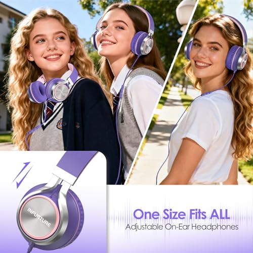 INFURTURE USB C Headphone for Kids & Adults Over-Ear Headphone with HD Mic - color: Pink-purple