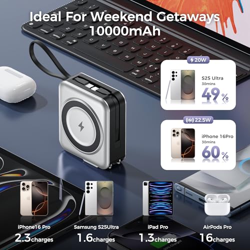 10000mAh Portable Charger Power Bank Built in Cables&Wall Plug - color: Silvery