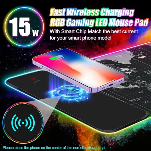 ToLuLu Wireless Charging RGB Gaming Mouse Pad, 15W Mouse Mat w/ 30W Charger - color: World Map