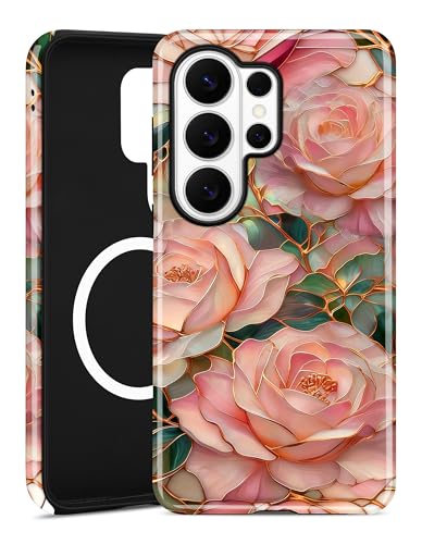 Magnetic Phone Case for Samsung Galaxy A16 5G, Pink Rose | Compatible with MagSafe, Cute Aesthetic Stained Glass Flower Floral, TPU and PC Protective Phone Cover for Women Girls - color: Pink Rose