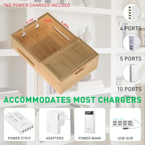 Bamboo Multi Device Charging Station Organizer with Drawer & Tray, Desk Docking Station Includes 6 Cables for iPhone, Cell Phones, Tablets, Power Banks for Home Office Nightstand (No USB Charger)
