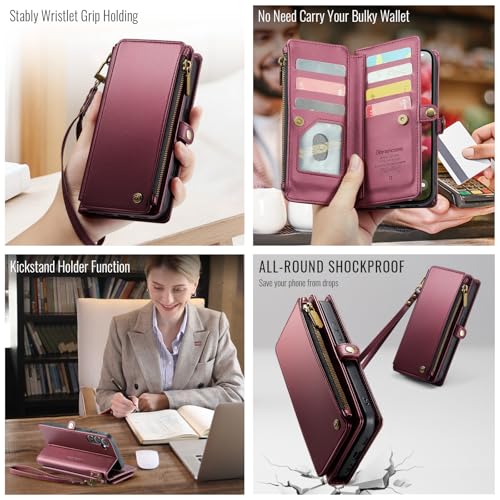 Defencase for Samsung Galaxy A16 5G Wallet Case with Card Holder, Wine Red | RFID Blocking, Zipper Pocket, Durable PU Leather, Wrist Strap, Fashion Snap Flip Phone Cases Cover with Stand for Women Men - color: Wine Red