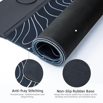 VOVIPO 3 in 1 Wireless Charging Mouse Pad, Gift for Dad/Office Manager,Wireless Charger Compitable with iPhone/Watch/airpods. Wireless Charging Desk Mat 90 x 40cm,Black Topographic Computer Desk Pad - color: Black Topographic