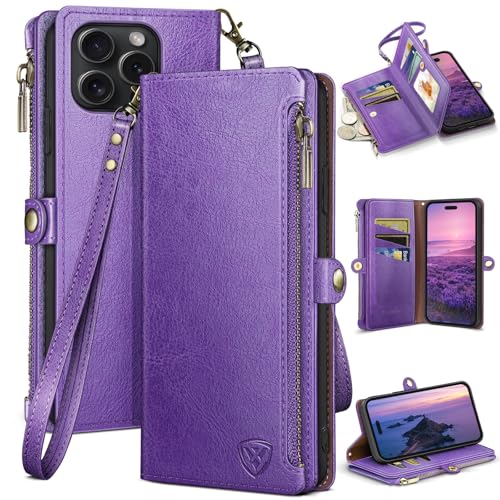 XcaseBar Compatible with iPhone 16 Pro 6.3" Wallet case with Zipper Credit Card Holder【RFID Blocking】,Flip Folio Book PU Leather Phone case Shockproof Cover Women Men for Apple 16 Pro case Purple - color: Purple