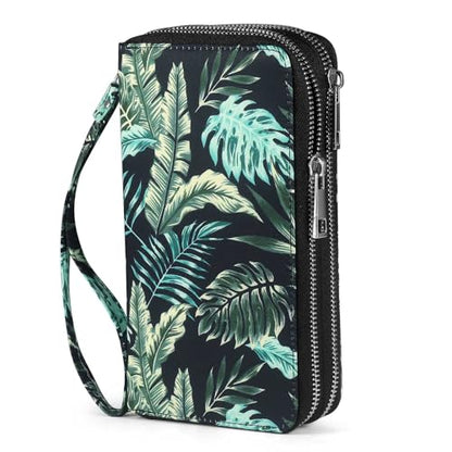 RFID Blocking Cellphone Wallet for Women with Wrist Strap, Double Zipper Travel Clutch Purse Large Capacity, Palm Leaf - color: Green Palm Leaf