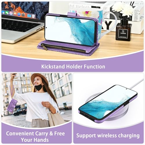 Asuwish Phone Case for Samsung Galaxy S22 5G Zipper Wallet Detachable Cell Cover with Tempered Glass Screen Protector Crossbody Strap Flower Card Holder Slot S 22 22S 4G G5 6.1 inch Women Girls Purple - color: Purple