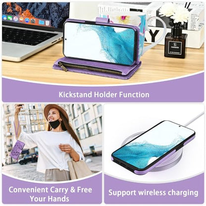 Asuwish Phone Case for Samsung Galaxy S22 5G Zipper Wallet Detachable Cell Cover with Tempered Glass Screen Protector Crossbody Strap Flower Card Holder Slot S 22 22S 4G G5 6.1 inch Women Girls Purple - color: Purple