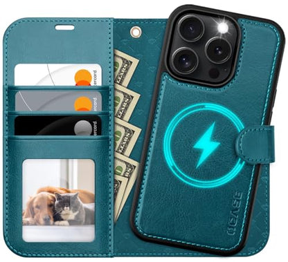 OCASE for iPhone 16 Pro Case Detachable Wallet Case with Card Holder, 2 in 1 Pu Leather Flip Folio with RFID Blocking Stand Wrist Strap Shockproof Phone Cover 6.3 Inch 2024, Peacock Blue | PU Leather, RFID Blocking, Wireless Charging, Card Holders, Kickst