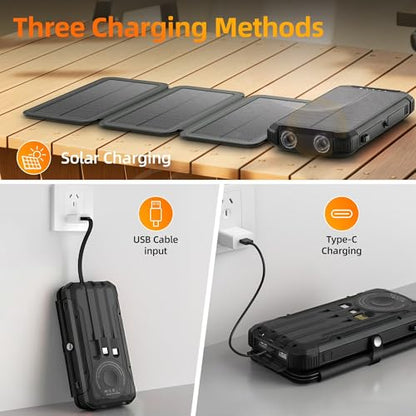 Solar Charger Built-in 3 Cables and 4 Solar Panels, Portable Wireless Charger 10,000mAh