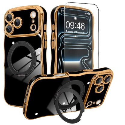 tharlet for iPhone 17 Pro Max Case Black with 360° Spin Magnetic Stand | Cute Luxury Plating Gold Curly Wave Edge, [Compatible with Magsafe] Full Camera Lens Protection ,Women Girl daily matching - color: Black Curly Edge, size: iPhone 17 Pro Max