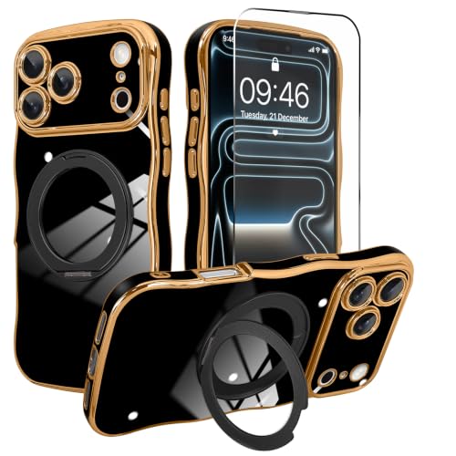 tharlet for iPhone 17 Pro Case Black with 360° Spin Magnetic Stand | Cute Luxury Plating Gold Curly Wave Edge, [Compatible with Magsafe] Full Camera Lens Protection ,Women Girl daily matching - color: Black Curly Edge, size: iPhone 17 Pro