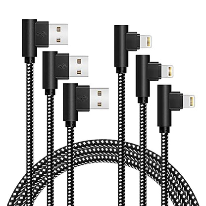 [3-Pack] Right Angle iPhone Charging Cable Nylon Braided 90 Degree Elbow Design Compatible with iPhone Xs Max/XS/XR/X, 8 7 6s 6 Plus, SE, 5s, 5c, 5, iPad Mini/Air/Pro (Black White, 10ft) - color: White