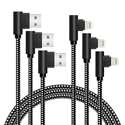 [3-Pack] Right Angle iPhone Charging Cable Nylon Braided 90 Degree Elbow Design Compatible with iPhone Xs Max/XS/XR/X, 8 7 6s 6 Plus, SE, 5s, 5c, 5, iPad Mini/Air/Pro (Black White, 10ft) - color: White