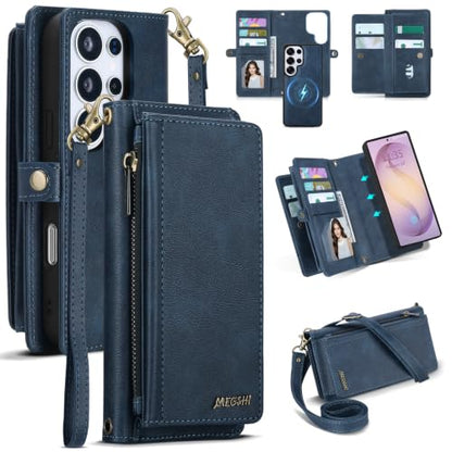 for Samsumg Galaxy S25 Ultra Wallet Case, Detachable Magnetic Shockproof Phone Case,Faux Leather Crossbody Wallet,with RFID Blocking，Zipper Card Holder，Shoulder Strap (Dark Blue) - color: Darkblue, size: Samsumg Galaxy S25 Ultra