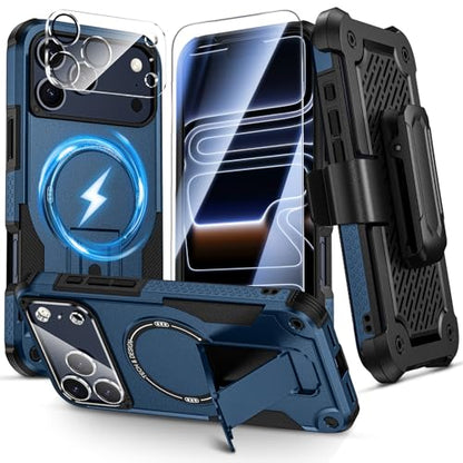 Caka 4-in-1 for iPhone 17 Pro Max Case with Belt Clip Holster and Stand | HD Glass Screen & Camera Lens Protector, Compatible with MagSafe, Hidden Kickstand, Rugged Heavy Duty Shockproof Phone Cover - color: Blue