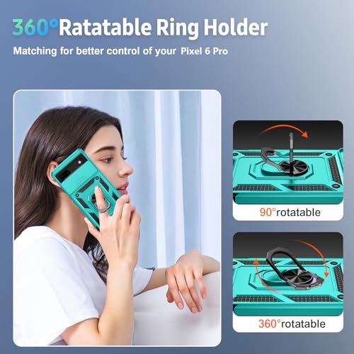 VINVE for Google Pixel 6 Pro Case with Slide Lens Cover, Military Grade Drop Protection, Magnetic Rotated Ring Holder Kickstand Protective Phone Case (Ice Green) - color: Ice Green ,Military Grade 2nd gen.