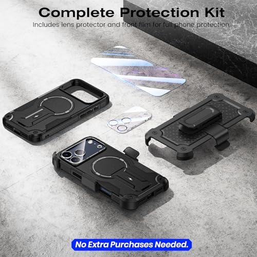 Caka 4-in-1 for iPhone 17 Pro Max Case with Belt Clip Holster and Stand | HD Glass Screen & Camera Lens Protector, Compatible with MagSafe, Hidden Kickstand, Rugged Heavy Duty Shockproof Phone Cover - color: Black