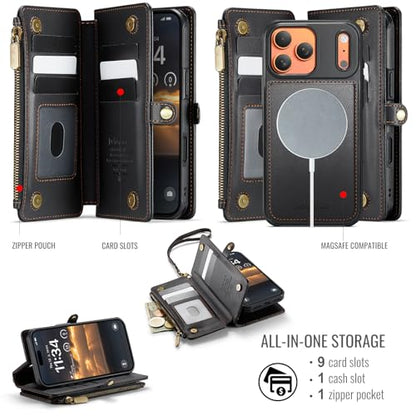 Defencase for iPhone 17 Pro Max Case Wallet Compatible with Magsafe, Black | Drop-Proof Magnetic Detachable Phone Cases Cover, with RFID Bolcking Card Holder, Zipper Strap, PU Leather, Removable Wallet - color: (Detachable with Magsafe)-Black