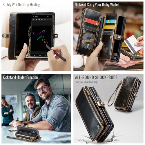 Defencase for Samsung Galaxy Z Fold 6 Wallet Case with Card Holder, Coffee | Durable Soft PU Leather, RFID Blcking Zipper Pocket, with S-Pen Holder & Strap, Flip Phone Cases with Stand for Women Men - color: Coffee