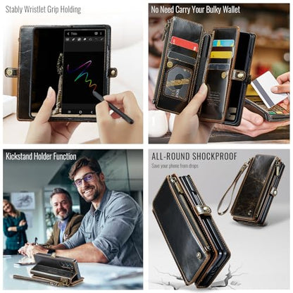 Defencase for Samsung Galaxy Z Fold 6 Wallet Case with Card Holder, Coffee | Durable Soft PU Leather, RFID Blcking Zipper Pocket, with S-Pen Holder & Strap, Flip Phone Cases with Stand for Women Men - color: Coffee