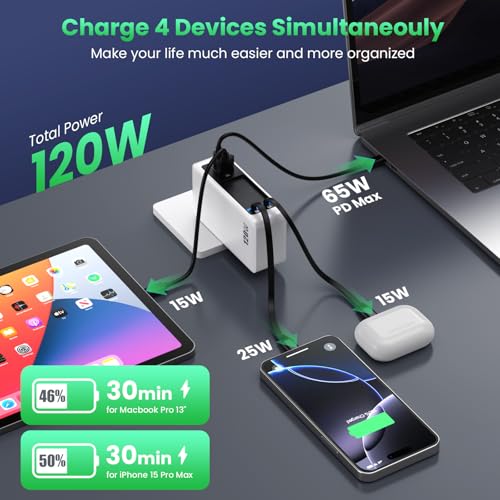 120W USB C Charger Block with 2 Built-in Retractable Cables,4-in-1 GaN IV Foldable Plug Wall Charger Fast Charging Station,PD 65W Laptop Adapter for MacBook/iPad,iPhone 17/16/15/14,Galaxy,Android etc - color: A-White, size: 120W