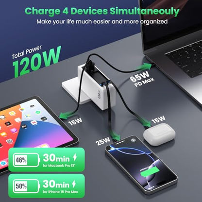 120W USB C Charger Block with 2 Built-in Retractable Cables,4-in-1 GaN IV Foldable Plug Wall Charger Fast Charging Station,PD 65W Laptop Adapter for MacBook/iPad,iPhone 17/16/15/14,Galaxy,Android etc - color: A-White, size: 120W