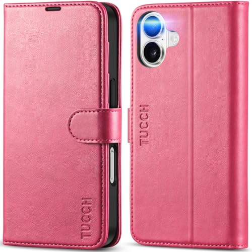 TUCCH Wallet Case for iPhone 16 (6.1") 2024, 4 Card Holders, Hot Pink | RFID Blocking, Viewing Stand, Shockproof TPU Shell, PU Leather, Magnetic Closure, Protective Folio Flip Cover - color: Hot Pink