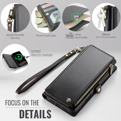 Defencase for iPhone 17 Wallet Case with RFID Blocking Card Holder, Black | Durable Soft PU Leather, with Zipper Pocket, Wrist Strap, Fashion Snap Flip Phone Cases Cover with Stand for Women and Men - color: Black