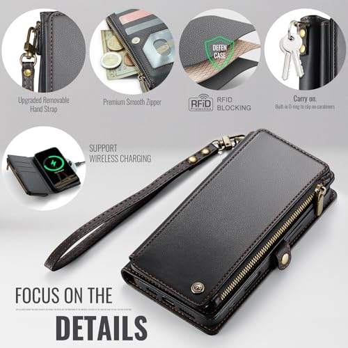 Defencase for iPhone 17 Pro Max Wallet Case with RFID Card Holder, Black | Durable Soft PU Leather, with Zipper Pocket, Wrist Strap, Fashion Snap Flip Phone Cases Cover with Stand for Women and Men - color: Black