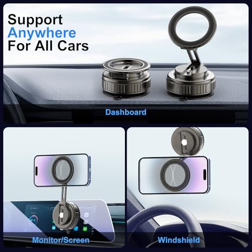 Phone Holders for Your Car, Ultra Vacuum Suction Cup Magnetic Car Phone Holder Mount 360° Adjustable Foldable Cars Phone Stand Compatible with MagSafe iPhone All Smartphones